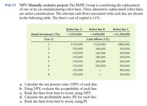 P10-11 NPV: Mutually exclusive projects The BMW Group is considering the