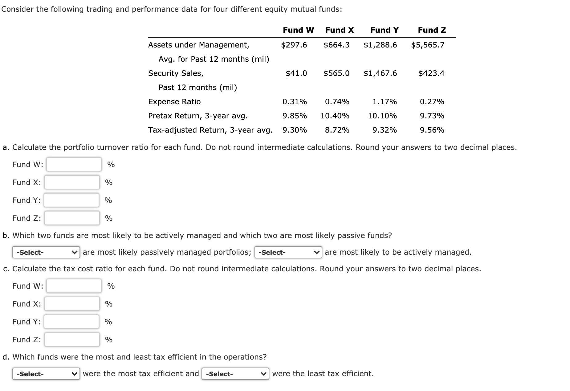 Consider the following trading and performance data for four different equity