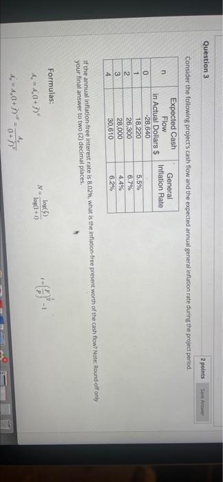 Save Awe Question 3 2 points Consider the following project's cash