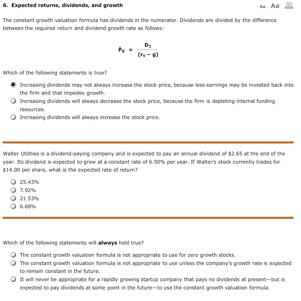  6. Expected returns, dividends, and growth Aa Aa The constant growth