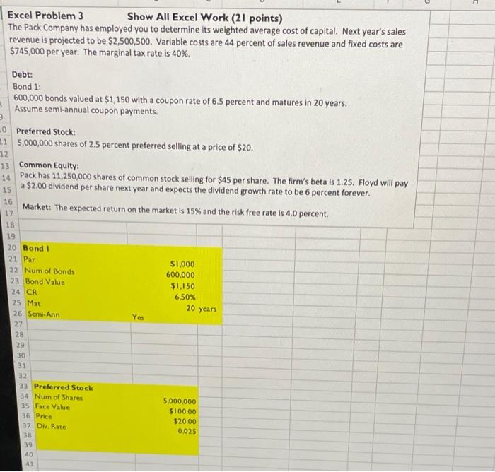  Excel Problem 3 Show All Excel Work (21 points) The Pack