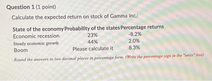  Question 1 (1 point) Calculate the expected return on stock of
