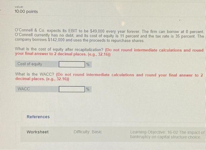  value 10.00 points O'Connell & Co expects its EBIT to be