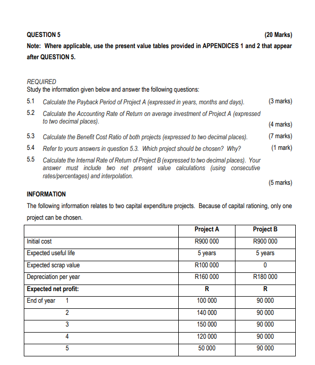  QUESTION 5 (20 Marks) Note: Where applicable, use the present value