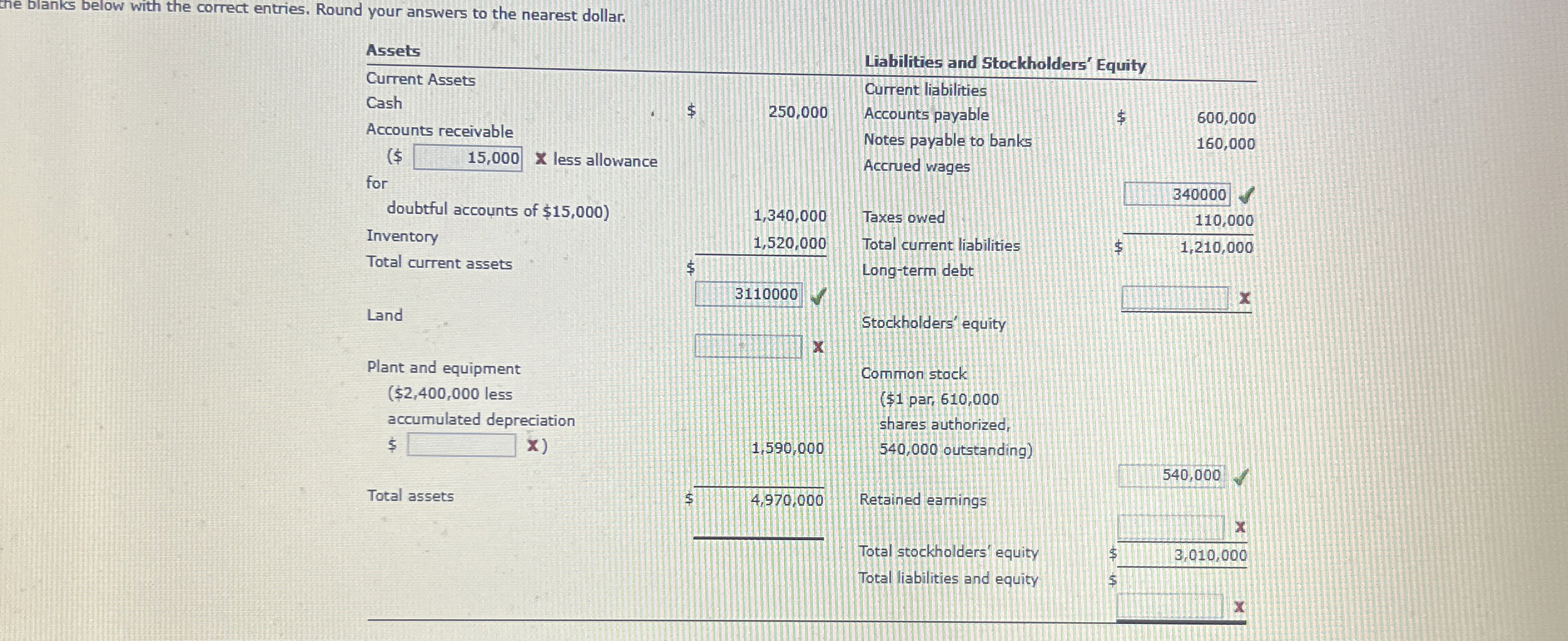  the blanks below with the correct entries, Round your answers to