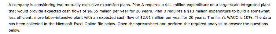 A company is considering two mutually exclusive expansion plans. Plan A