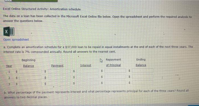  Excel Online Structured Activity: Amortization schedule The data on a loan