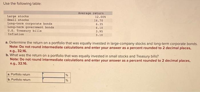  Use the following table: a. Determine the return on a portfolio