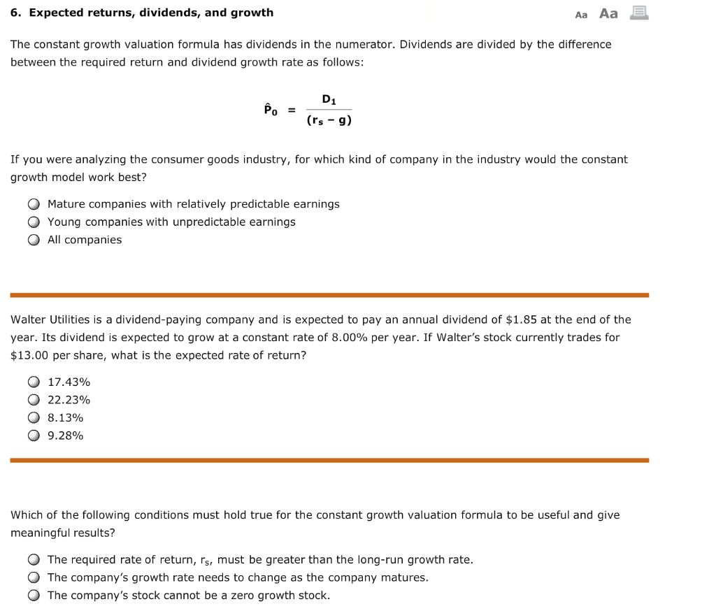 6. Expected returns, dividends, and growth Aa Aa The constant growth