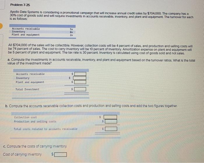  Problem 7-25 Apollo Data Systems is considering a promotional campaign that