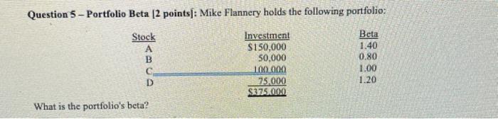 show work Question 5 - Portfolio Beta [2 points]: Mike Flannery holds