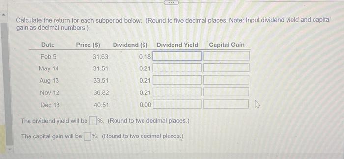  Calculate the return for each subperiod below: (Round to five decimal