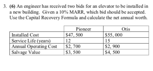  3. (6) An engineer has received two bids for an elevator
