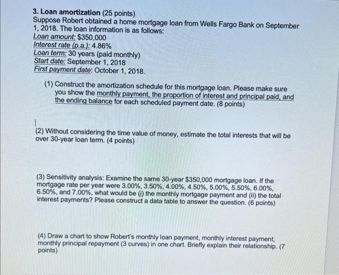 Answer in Excel. 3. Loan amortization ( 25 points) Suppose Robert obtained