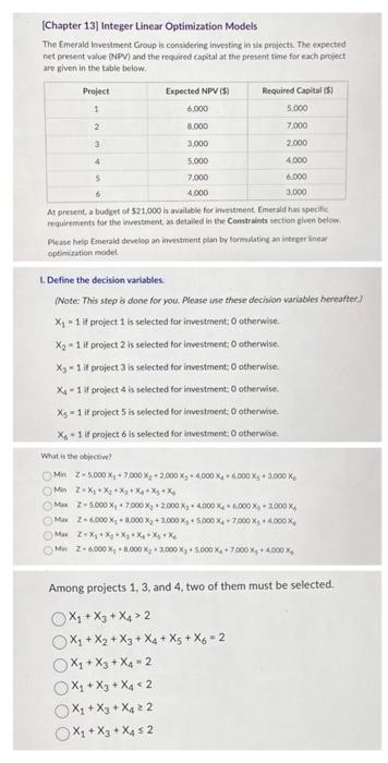  [Chapter 13] Integer Linear Optimization Models The Emecald imvestment Group is