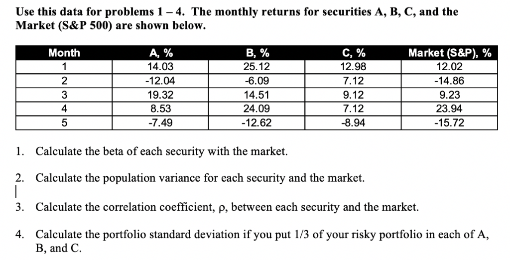 Use this data for problems 1- 4. The monthly returns for