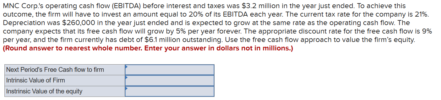  MNC Corp.'s operating cash flow (EBITDA) before interest and taxes was