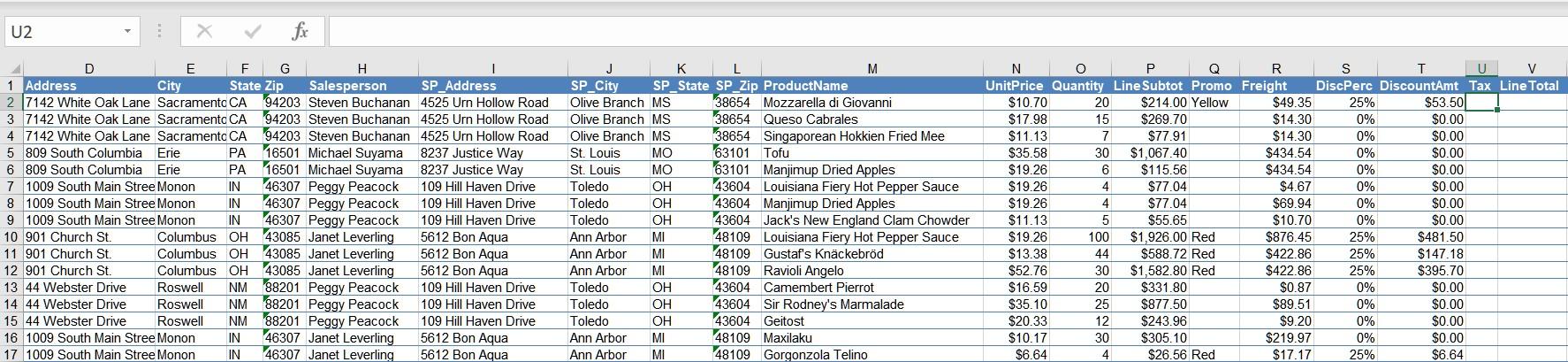 9. In column U, enter a formula to compute the total Tax