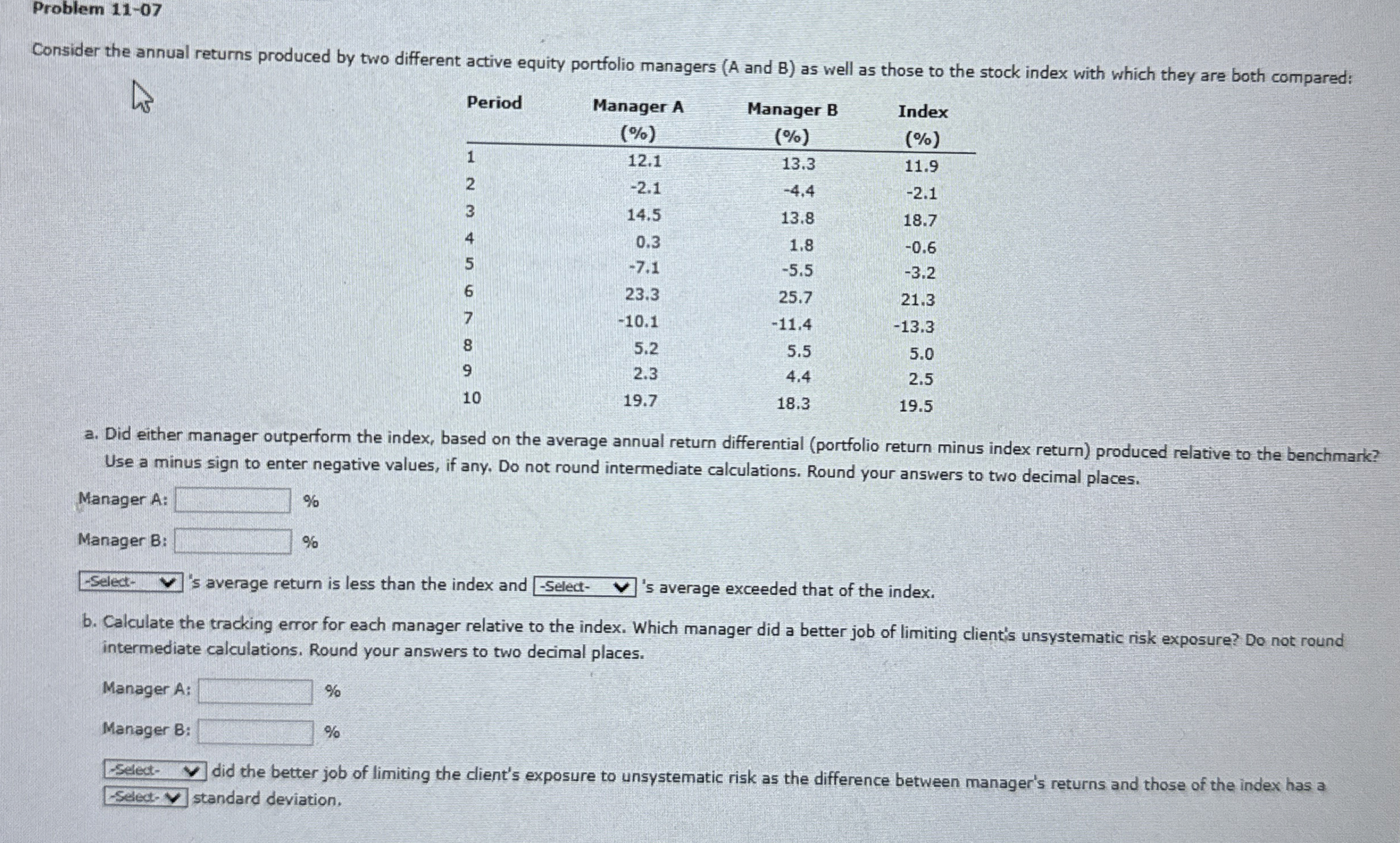  Problem 11-07 Consider the annual returns produced by two different active