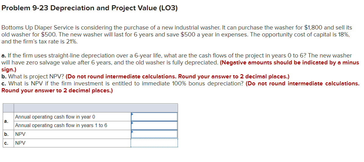  Problem 9-23 Depreciation and Project Value (LO3) Bottoms Up Diaper Service