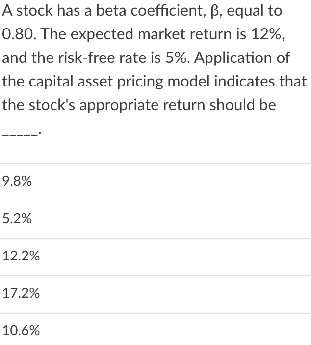 A stock has a beta coefficient, , equal to 0.80. The