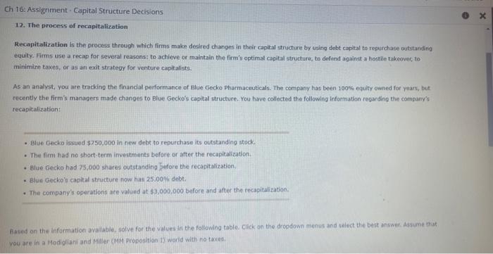  Ch 16: Assignment - Capital Structure Decisions 12. The process of