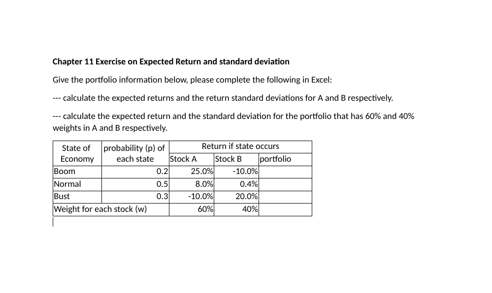  Chapter 11 Exercise on Expected Return and standard deviation Give the