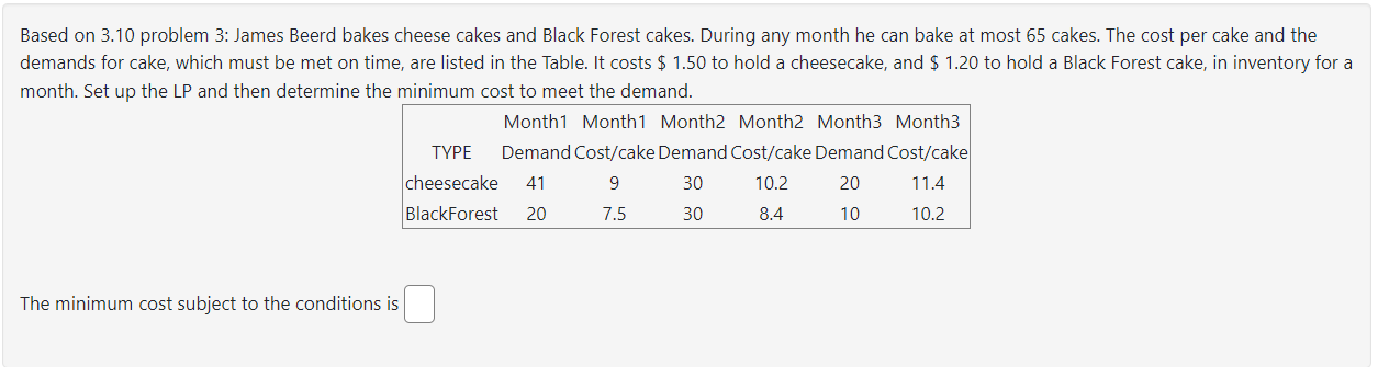PLEASE GIVE MINIMUM COST ANSWER ###! LINEAR PROGRAMMING PROBLEM: Based on 3.10