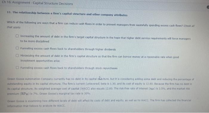  Ch 16: Assignment - Capital Structure Decisions 11. The relationship between