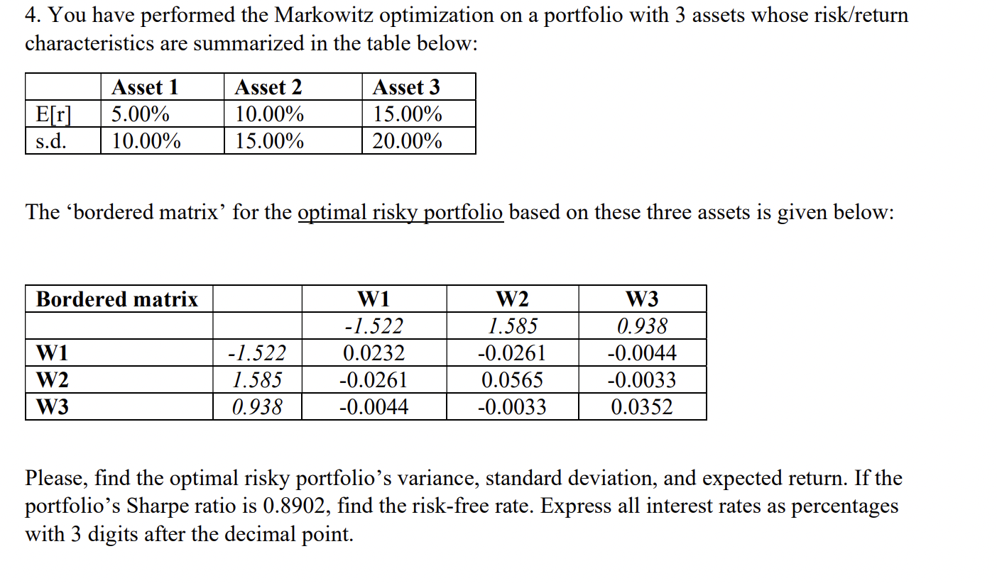 please do not use Excel. 4. You have performed the Markowitz optimization