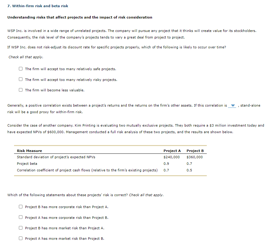 7. Within-firm risk and beta risk Understanding risks that affect projects