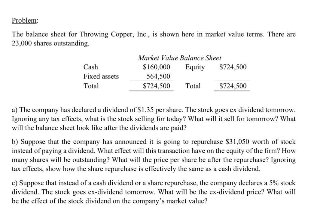  Problem: The balance sheet for Throwing Copper, Inc., is shown here
