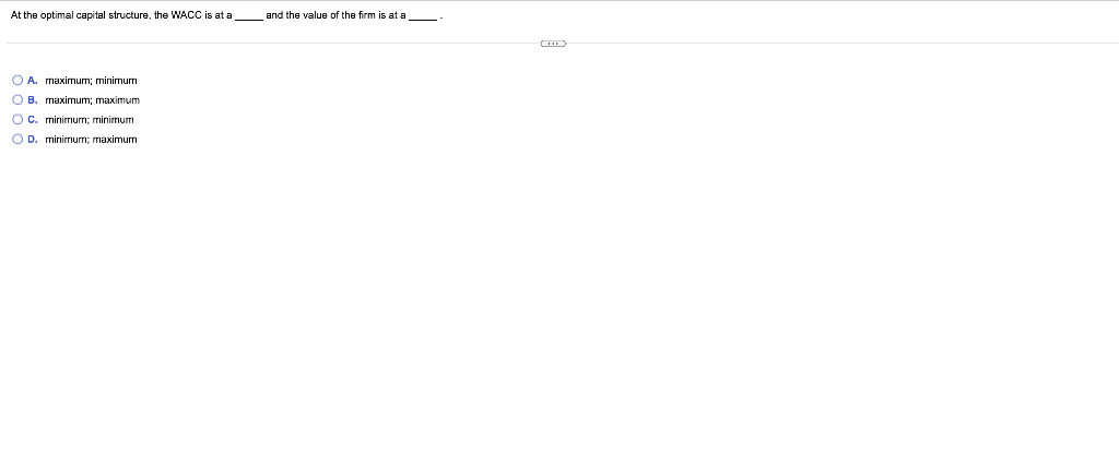 answer correctly please At the optimal capital structure, the WACC is at