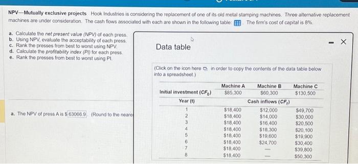 from a-e NPV - Mutually exclusive projects Hook industries is considering the