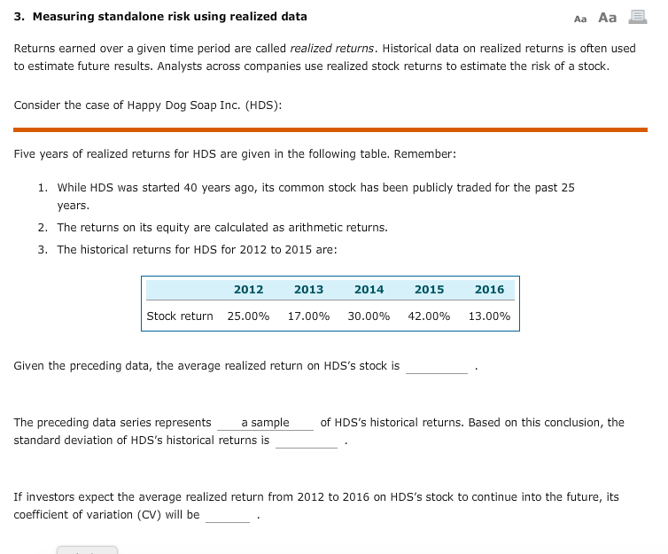  3. Measuring standalone risk using realized data Aa Aa Returns earned