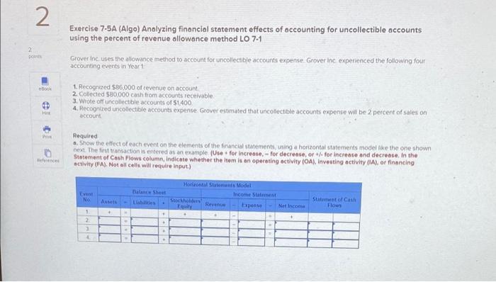  2 2 po Exercise 7-5A (Algo) Analyzing financial statement effects of