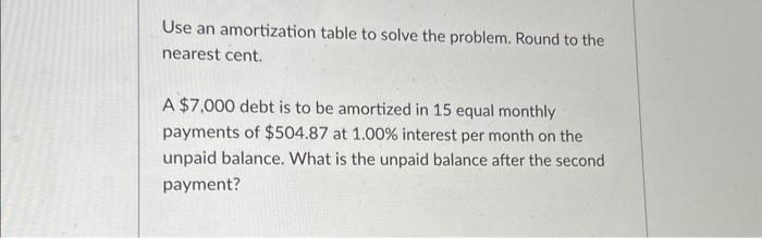  Use an amortization table to solve the problem. Round to the