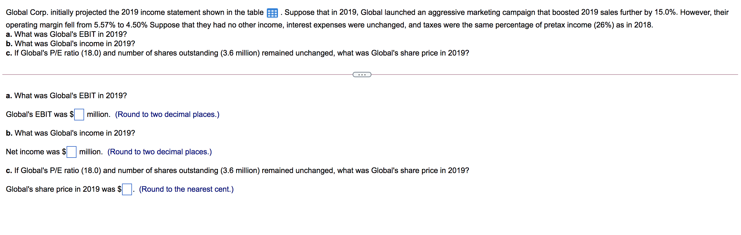 Global Corp. initially projected the 2019 income statement shown in the