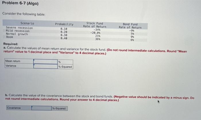  Problem 6-7 (Algo) Consider the following table: Scenario Probability Stock Fund