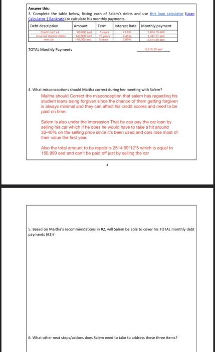 Q5 Answer this 3. Complete the table below, listing each of Salem's