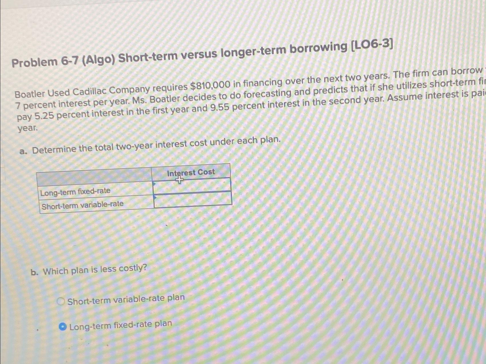  Problem 6-7(Algo) Short-term versus longer-term borrowing [LO6-3] Boatler Used Cadillac Company
