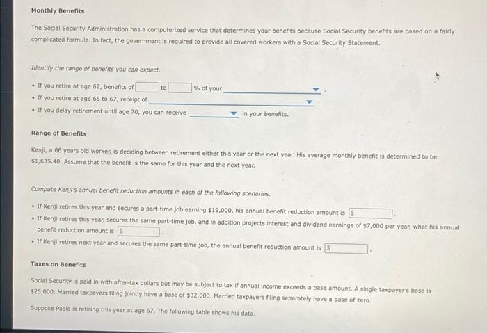 drop down options for first question 1) full retirement benefitsadjusted first year