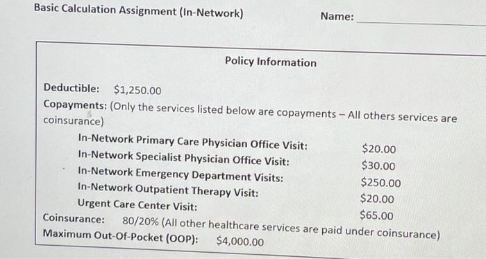  Basic Calculation Assignment (In-Network) Name: Policy Information Deductible: $1,250.00 Copayments: (Only