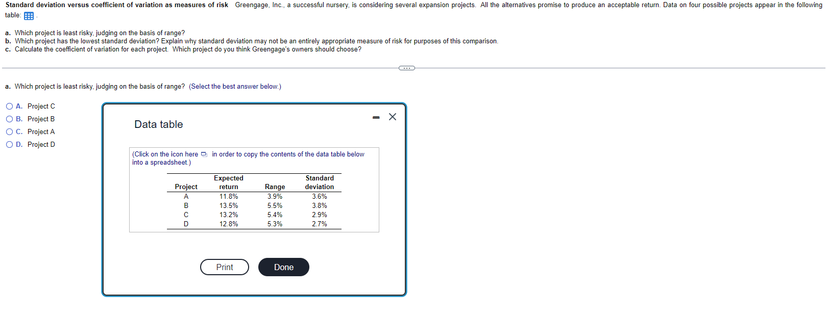 Answer Answer A-C please table: a. Which project is least risky, judging