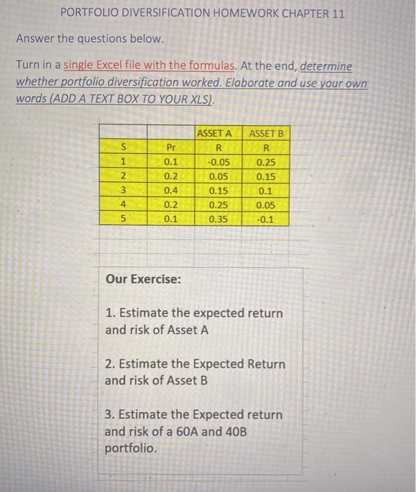 please answer questions via Excel Spreadsheet PORTFOLIO DIVERSIFICATION HOMEWORK CHAPTER 11 Answer