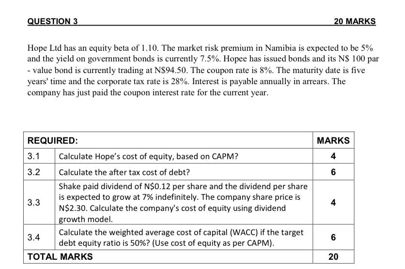  QUESTION 3 20 MARKS Hope Ltd has an equity beta of