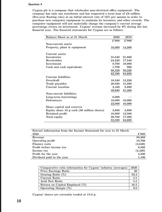  please answer this ASAP Question 4 Cygnus ple is a company