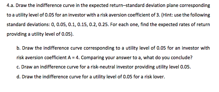 4.a. Draw the indifference curve in the expected return-standard deviation plane