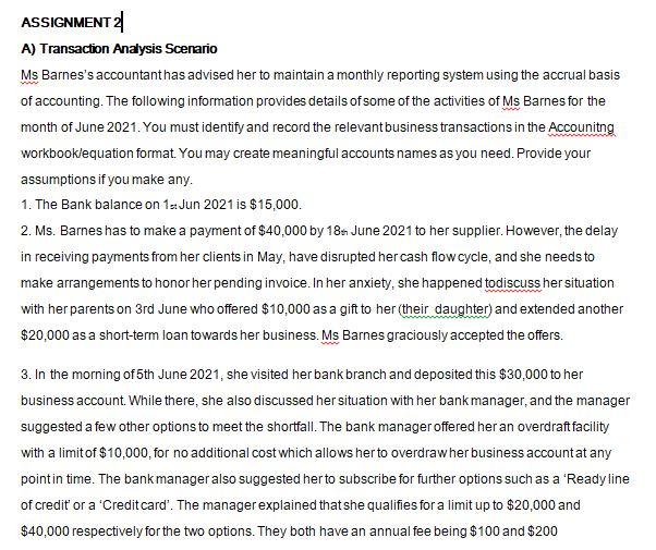 ASSIGNMENT A) Transaction Analysis Scenario Ms Barnes's accountanthas advised her to