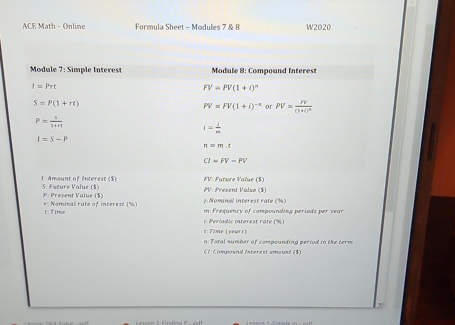 ACE Math - Online Formula Sheet - Modules 7&8 W2020 Module